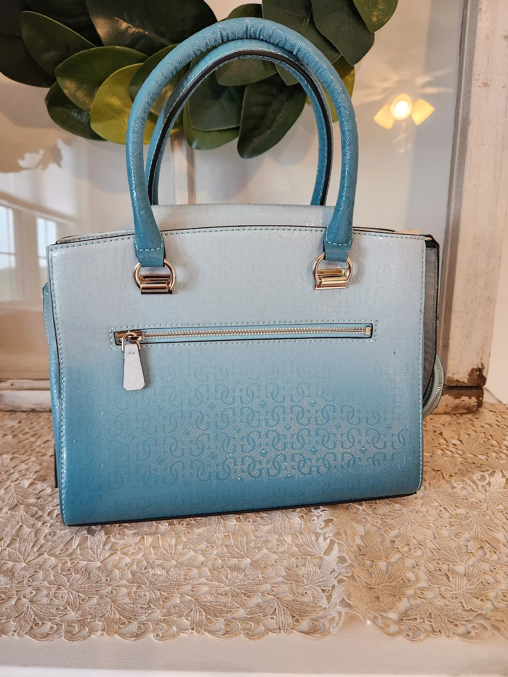 GUESS Blue Ombre Satchel with Removable Crossbody Strap And Matching Changebag